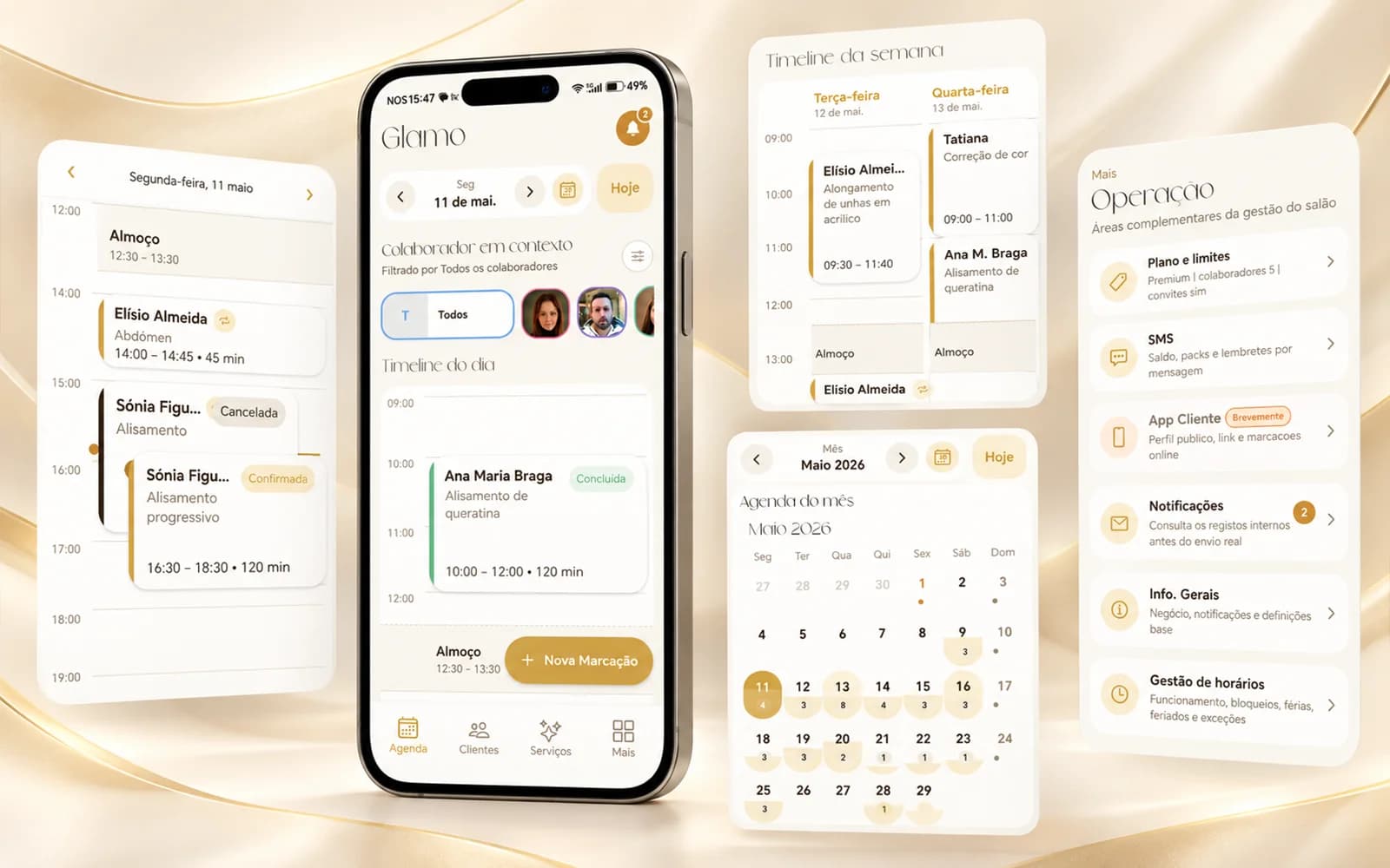 Mockup da aplicação Glamo para gestão de salões, com agenda em telemóvel e funcionalidades em janelas flutuantes