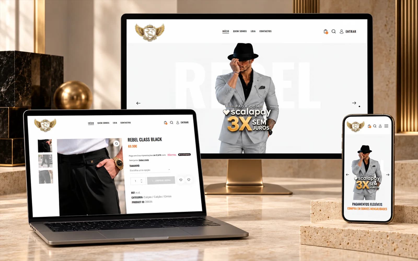 Mockup da loja online Rebel Fashion Store em monitor, portátil e telemóvel