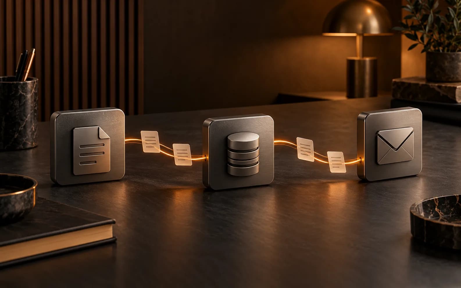 Painéis com símbolos de documento, base de dados e envelope ligados por linhas laranja