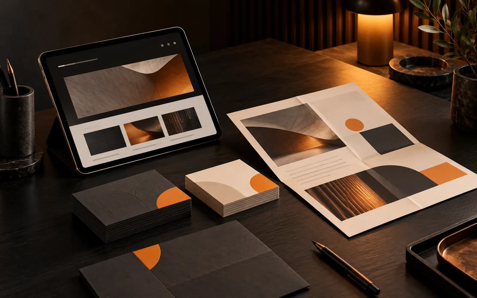 Cartões e materiais gráficos em tons neutros e laranja, acompanhados por uma interface num tablet