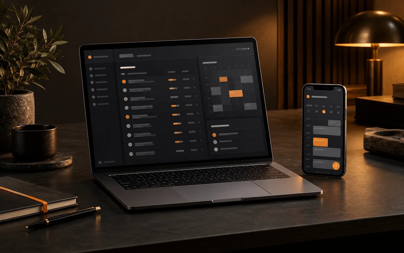 Interface de gestão num portátil e agenda num telemóvel